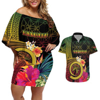 Vanuatu Independence Day Couples Matching Off Shoulder Short Dress and Hawaiian Shirt Sand Drawing Melanesian Vibes LT03 Black - Polynesian Pride
