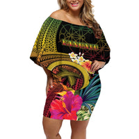 Vanuatu Independence Day Off Shoulder Short Dress Sand Drawing Melanesian Vibes LT03 Women Black - Polynesian Pride