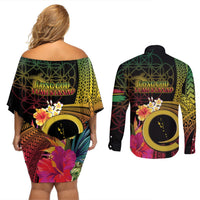 Vanuatu Selebretem 44th Indipendens Dei Couples Matching Off Shoulder Short Dress and Long Sleeve Button Shirt Sand Drawing Melanesian Vibes
