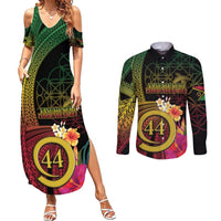 Vanuatu Selebretem 44th Indipendens Dei Couples Matching Summer Maxi Dress and Long Sleeve Button Shirt Sand Drawing Melanesian Vibes LT03 Black - Polynesian Pride