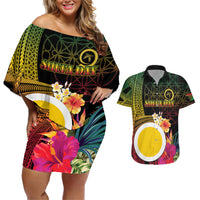 Vanuatu Shefa Day Couples Matching Off Shoulder Short Dress and Hawaiian Shirt Sand Drawing Melanesian LT03 Black - Polynesian Pride