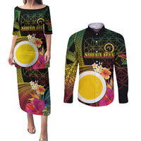 Vanuatu Shefa Day Couples Matching Puletasi and Long Sleeve Button Shirt Sand Drawing Melanesian LT03 Black - Polynesian Pride