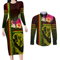 Hawaiian Reggae Music Couples Matching Long Sleeve Bodycon Dress and Long Sleeve Button Shirt Jamaica Singer Tribal Polynesian and Hibiscus