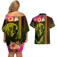 Hawaiian Reggae Music Couples Matching Off Shoulder Short Dress and Hawaiian Shirt Jamaica Singer Tribal Polynesian and Hibiscus