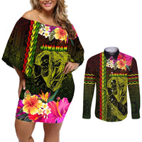 Hawaiian Reggae Music Couples Matching Off Shoulder Short Dress and Long Sleeve Button Shirt Jamaica Singer Tribal Polynesian and Hibiscus LT03 Black - Polynesian Pride