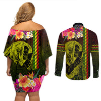 Hawaiian Reggae Music Couples Matching Off Shoulder Short Dress and Long Sleeve Button Shirt Jamaica Singer Tribal Polynesian and Hibiscus LT03 - Polynesian Pride
