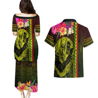 Hawaiian Reggae Music Couples Matching Puletasi and Hawaiian Shirt Jamaica Singer Tribal Polynesian and Hibiscus