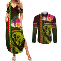 Hawaiian Reggae Music Couples Matching Summer Maxi Dress and Long Sleeve Button Shirt Jamaica Singer Tribal Polynesian and Hibiscus LT03 Black - Polynesian Pride