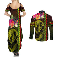 Hawaiian Reggae Music Couples Matching Summer Maxi Dress and Long Sleeve Button Shirt Jamaica Singer Tribal Polynesian and Hibiscus LT03 - Polynesian Pride