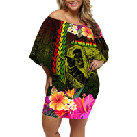 Hawaiian Reggae Music Off Shoulder Short Dress Jamaica Singer Tribal Polynesian and Hibiscus LT03 Women Black - Polynesian Pride