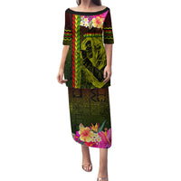 Hawaiian Reggae Music Puletasi Jamaica Singer Tribal Polynesian and Hibiscus LT03 Long Dress Black - Polynesian Pride