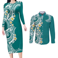 Aloha Polynesian Plumeria Flower Couples Matching Long Sleeve Bodycon Dress and Long Sleeve Button Shirt Teal Color
