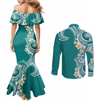 Aloha Polynesian Plumeria Flower Couples Matching Mermaid Dress and Long Sleeve Button Shirt Teal Color LT03 - Polynesian Pride