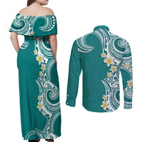 Aloha Polynesian Plumeria Flower Couples Matching Off Shoulder Maxi Dress and Long Sleeve Button Shirt Teal Color