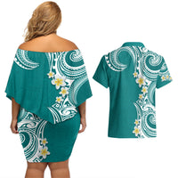 Aloha Polynesian Plumeria Flower Couples Matching Off Shoulder Short Dress and Hawaiian Shirt Teal Color