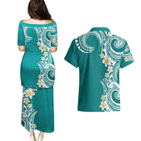 Aloha Polynesian Plumeria Flower Couples Matching Puletasi and Hawaiian Shirt Teal Color