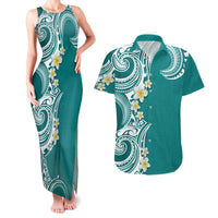 Aloha Polynesian Plumeria Flower Couples Matching Tank Maxi Dress and Hawaiian Shirt Teal Color