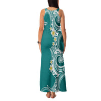Aloha Polynesian Plumeria Flower Family Matching Tank Maxi Dress and Hawaiian Shirt Teal Color