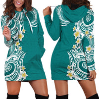 Aloha Polynesian Plumeria Flower Hoodie Dress Teal Color