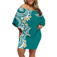 Aloha Polynesian Plumeria Flower Off Shoulder Short Dress Teal Color LT03 Women Teal - Polynesian Pride