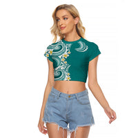 Aloha Polynesian Plumeria Flower Raglan Cropped T Shirt Teal Color