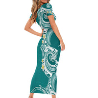 Aloha Polynesian Plumeria Flower Short Sleeve Bodycon Dress Teal Color