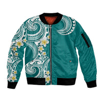 Aloha Polynesian Plumeria Flower Sleeve Zip Bomber Jacket Teal Color