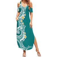 Aloha Polynesian Plumeria Flower Summer Maxi Dress Teal Color LT03 Women Teal - Polynesian Pride