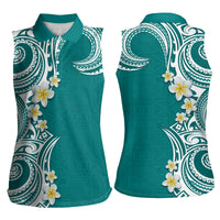Aloha Polynesian Plumeria Flower Women Sleeveless Polo Shirt Teal Color