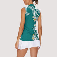 Aloha Polynesian Plumeria Flower Women Sleeveless Polo Shirt Teal Color