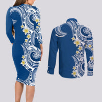 Aloha Polynesian Plumeria Flower Couples Matching Long Sleeve Bodycon Dress and Long Sleeve Button Shirt Blue Color