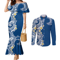 Aloha Polynesian Plumeria Flower Couples Matching Mermaid Dress and Long Sleeve Button Shirt Blue Color LT03 Blue - Polynesian Pride