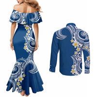 Aloha Polynesian Plumeria Flower Couples Matching Mermaid Dress and Long Sleeve Button Shirt Blue Color LT03 - Polynesian Pride