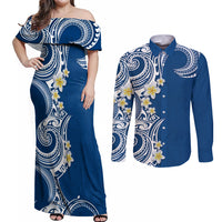 Aloha Polynesian Plumeria Flower Couples Matching Off Shoulder Maxi Dress and Long Sleeve Button Shirt Blue Color