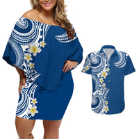 Aloha Polynesian Plumeria Flower Couples Matching Off Shoulder Short Dress and Hawaiian Shirt Blue Color