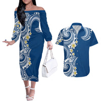 Aloha Polynesian Plumeria Flower Couples Matching Off The Shoulder Long Sleeve Dress and Hawaiian Shirt Blue Color