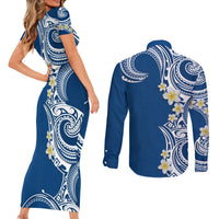 Aloha Polynesian Plumeria Flower Couples Matching Short Sleeve Bodycon Dress and Long Sleeve Button Shirt Blue Color