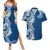 Aloha Polynesian Plumeria Flower Couples Matching Summer Maxi Dress and Hawaiian Shirt Blue Color LT03 Blue - Polynesian Pride