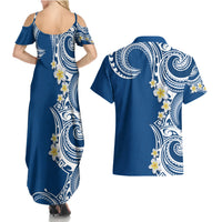 Aloha Polynesian Plumeria Flower Couples Matching Summer Maxi Dress and Hawaiian Shirt Blue Color LT03 - Polynesian Pride