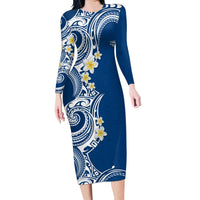 Aloha Polynesian Plumeria Flower Family Matching Long Sleeve Bodycon Dress and Hawaiian Shirt Blue Color