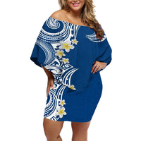 Aloha Polynesian Plumeria Flower Off Shoulder Short Dress Blue Color LT03 Women Blue - Polynesian Pride