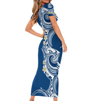 Aloha Polynesian Plumeria Flower Short Sleeve Bodycon Dress Blue Color