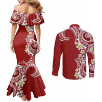 Aloha Polynesian Plumeria Flower Couples Matching Mermaid Dress and Long Sleeve Button Shirt Red Color LT03 - Polynesian Pride