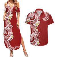Aloha Polynesian Plumeria Flower Couples Matching Summer Maxi Dress and Hawaiian Shirt Red Color