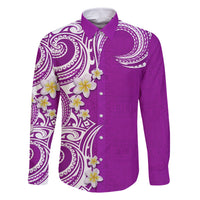 Aloha Polynesian Plumeria Flower Family Matching Off Shoulder Maxi Dress and Hawaiian Shirt Purple Color
