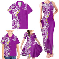 Aloha Polynesian Plumeria Flower Family Matching Tank Maxi Dress and Hawaiian Shirt Purple Color