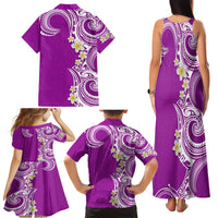 Aloha Polynesian Plumeria Flower Family Matching Tank Maxi Dress and Hawaiian Shirt Purple Color