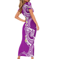 Aloha Polynesian Plumeria Flower Short Sleeve Bodycon Dress Purple Color