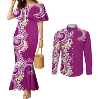 Aloha Polynesian Plumeria Flower Couples Matching Mermaid Dress and Long Sleeve Button Shirt Pink Color LT03 Pink - Polynesian Pride