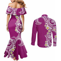 Aloha Polynesian Plumeria Flower Couples Matching Mermaid Dress and Long Sleeve Button Shirt Pink Color LT03 - Polynesian Pride